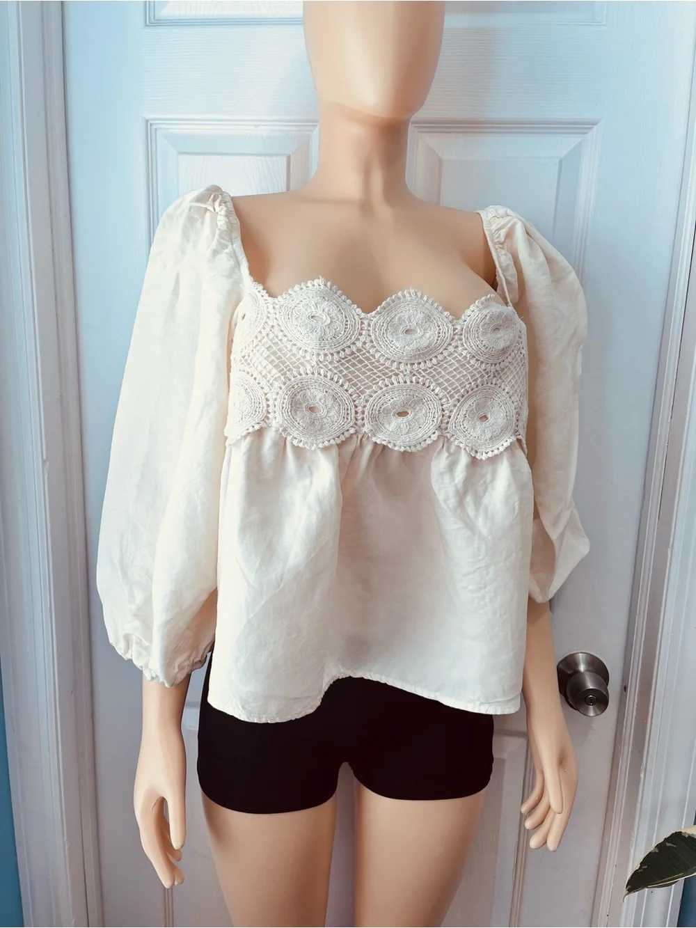 Anthropologie Cream Crochet Yoke Puff-Sleeve Blouse